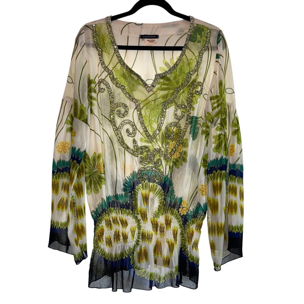 Boston Proper Beaded Floral Sheer Tunic Blouse Green Women’s Sz Medium